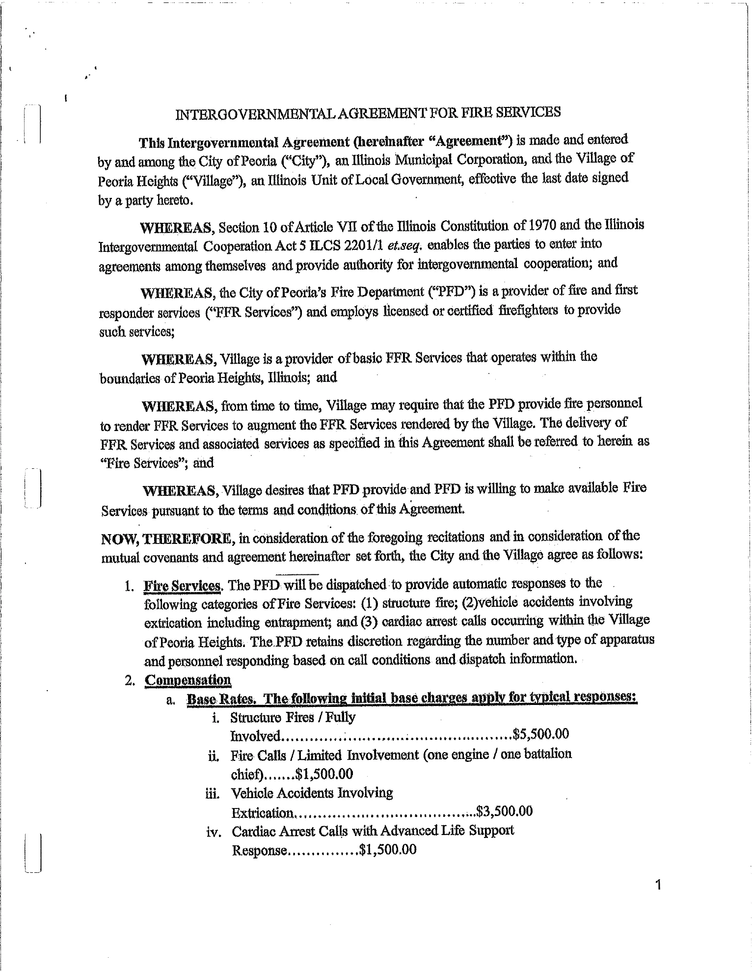 Agreement page 1 containing fire services and base response rates