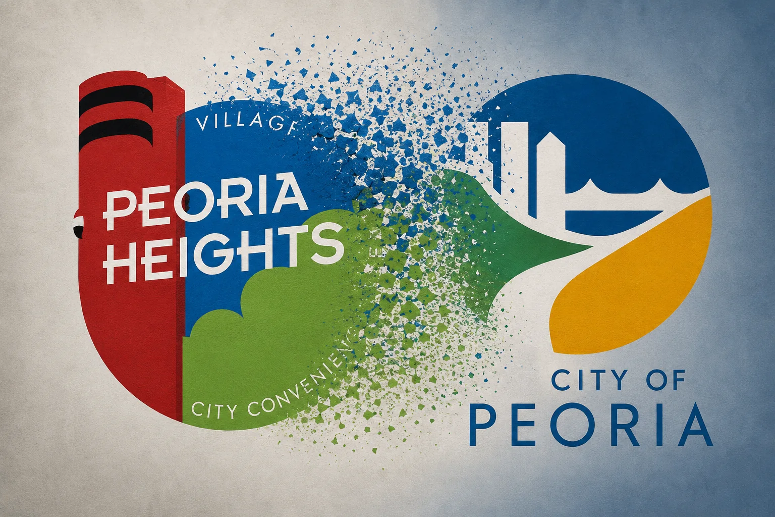 The Village of Peoria Heights emblem dissolving into the City of Peoria emblem.